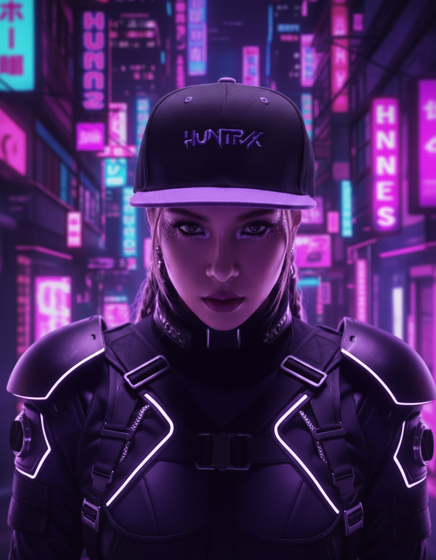 Modelo con outfit guerrera K-pop - Fondo neón futurista