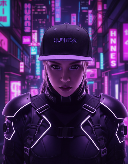 Modelo con outfit guerrera K-pop - Fondo neón futurista