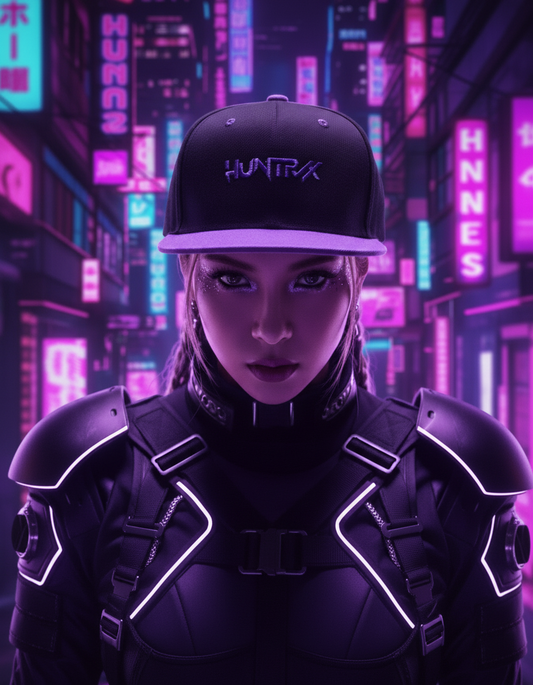 Modelo con outfit guerrera K-pop - Fondo neón futurista